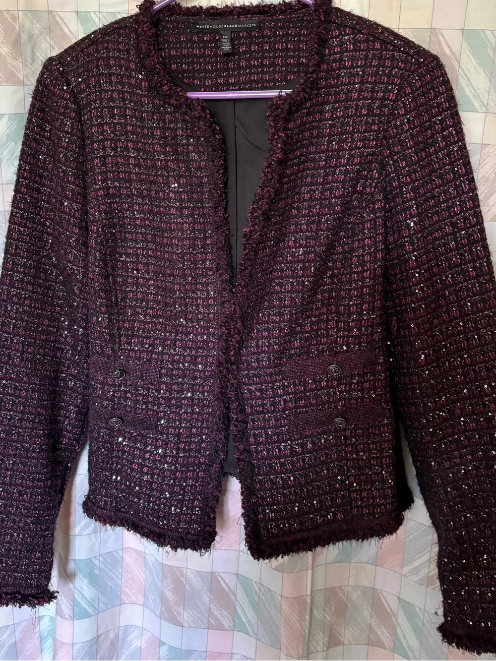 White House Black Market Plum Tweed Fringe-Trim Blazer